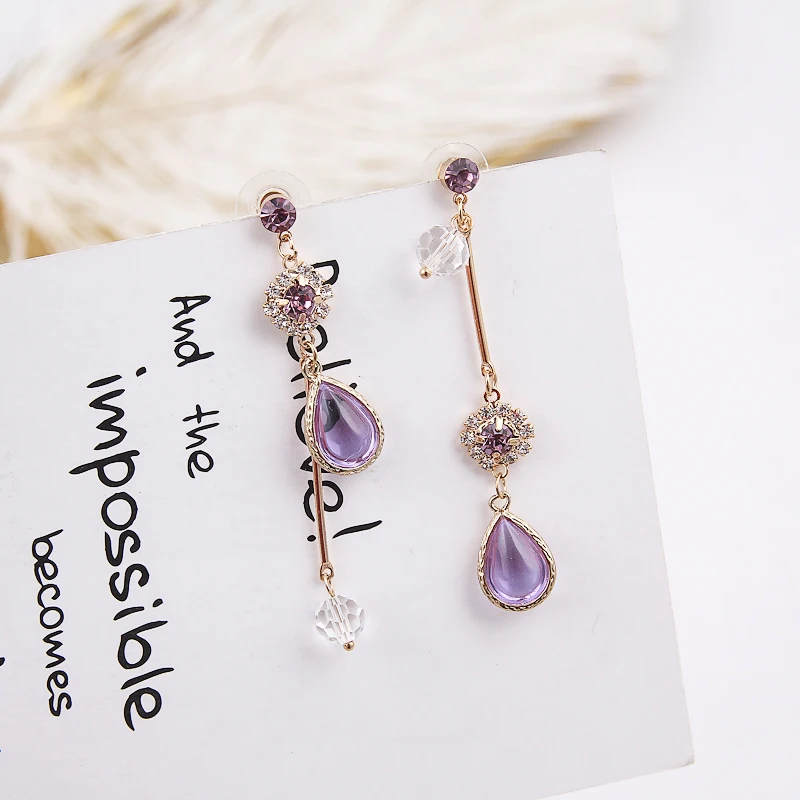 

Korean Purple Rhinestone Love Heart Flower Dangle Earrings Long Water Drop Crystal Jewelry Pendientes For Women Fashion Brincos