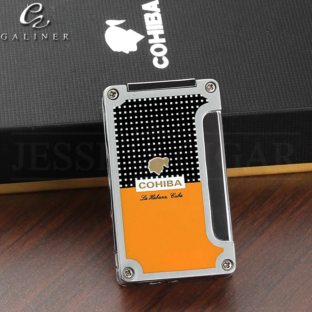 COHIBA дизайн 3 струя пламени сигары Зажигалка Ветрозащитная металлическая газовая зажигалка бутан фонарь зажигалка с сигары удар
