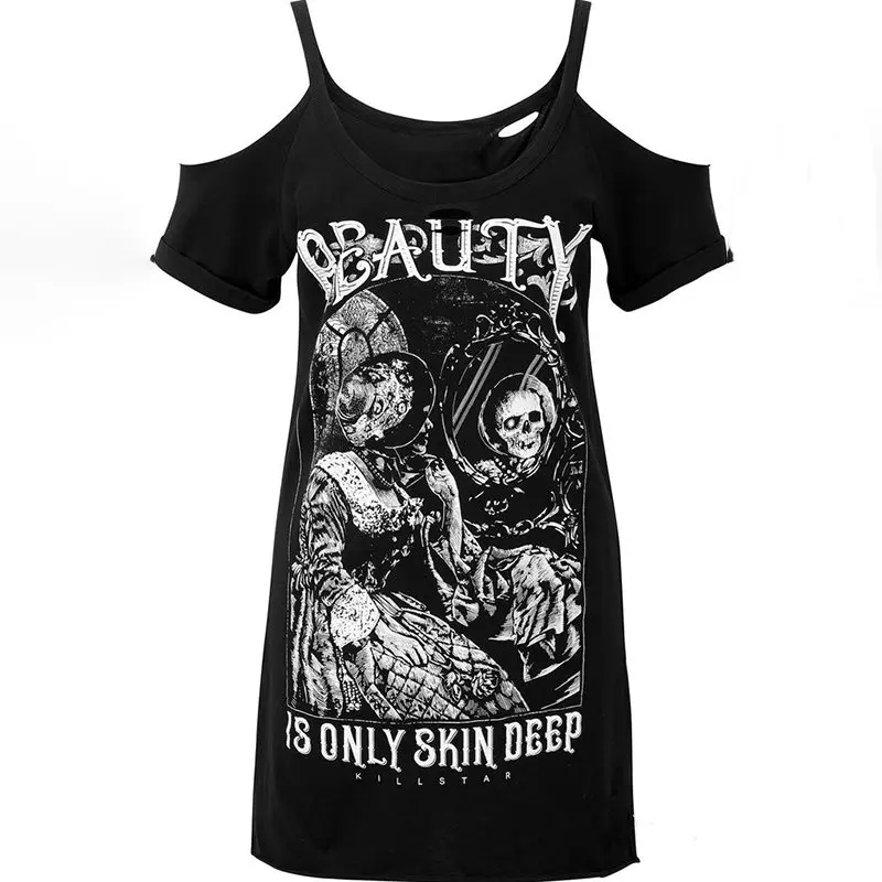 Футболка оверсайз женская Готическая хипстерская с принтом в виде букв и черепов