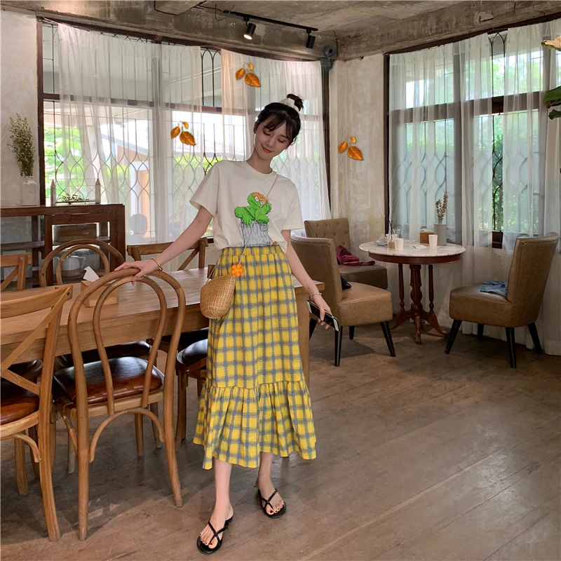 YICIYA Harajuku желтая плиссированная клетчатая длинная юбка в корейском винтажном стиле с высокой талией клетчатая юбка с эластичной талией Женская