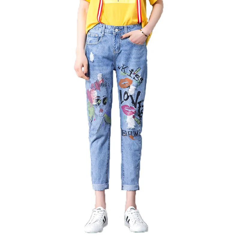 light blue Женские Джинсы бойфренда с принтом граффити, женские штаны-шаровары, летние джинсы свободного кроя 3/4 длины, Женские джинсовые штаны - Цвет: light blue