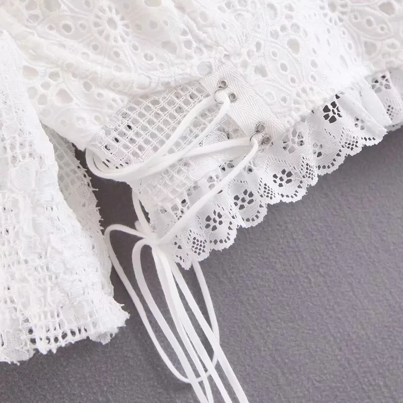 Женская милая Шея Broderie структурный топ со шнуровкой на талии кружевная блузка с гофрированной спиной