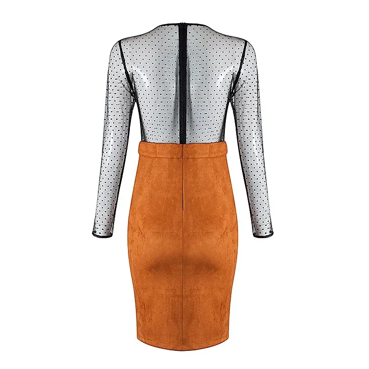 Летняя Мода Женщины Элегантный orange Black mesh Длинные рукава o шеи Сексуальная Bodycon