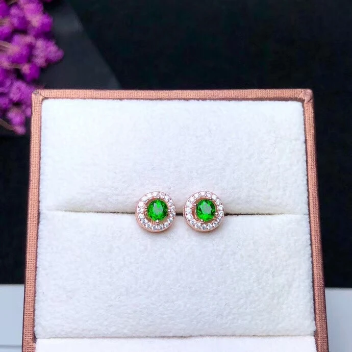 fresh green diopside gemstone earrings 925 silver fine jewelry round natural gem stud color girl ornament gift | Украшения и