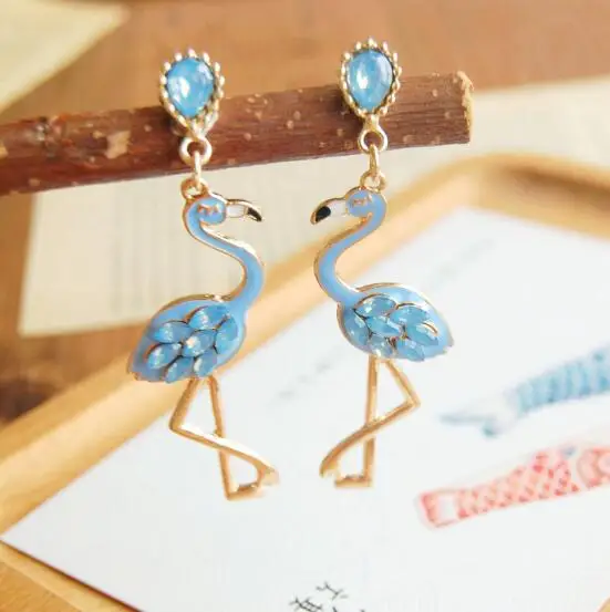 Enamel Oil Flamingo Dangle Earrings for Women Fashion Lady Jewelry Cute Animal Crystal 4 Colors Christmas Gift | Украшения и