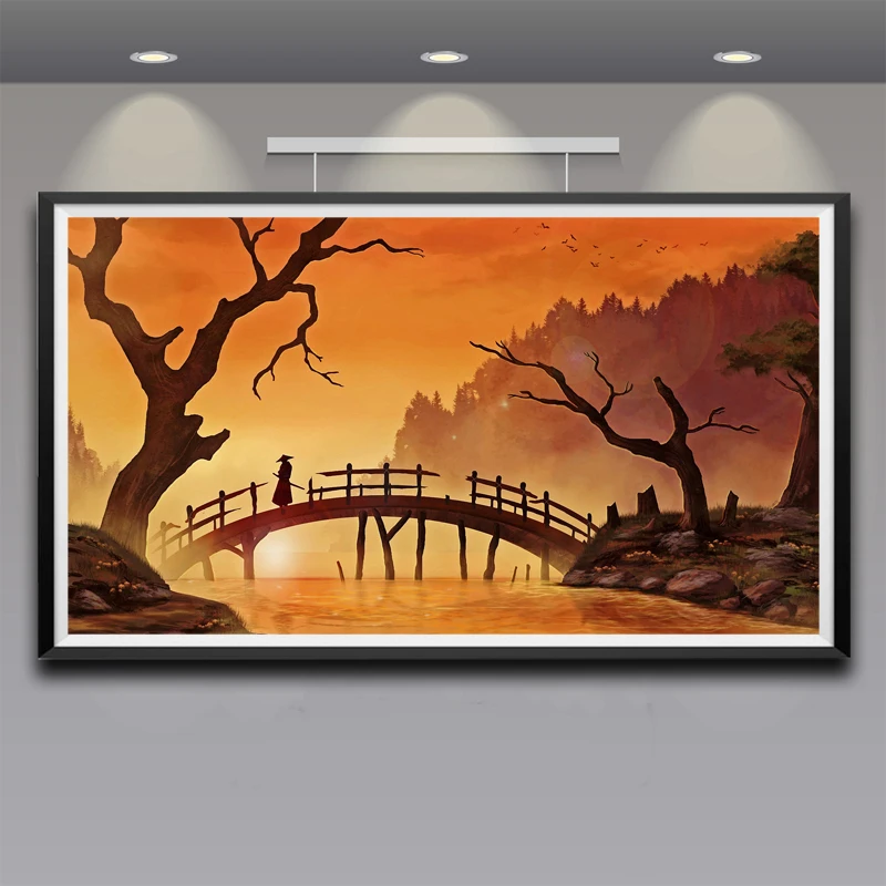 Картина с природными деревьями Японский мост дерево вода река трава постер