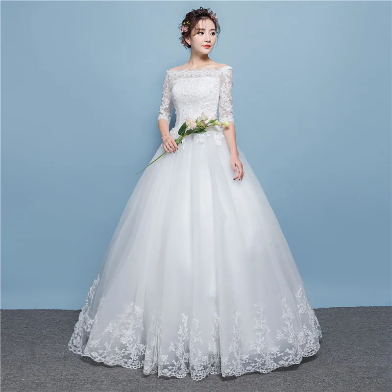 

Wedding Gowns 2019 Bridal Dress A-Line Vintage Lace Tulle Off the Shoulder Half Sleeve Pregnant Floor Length White Plus Size