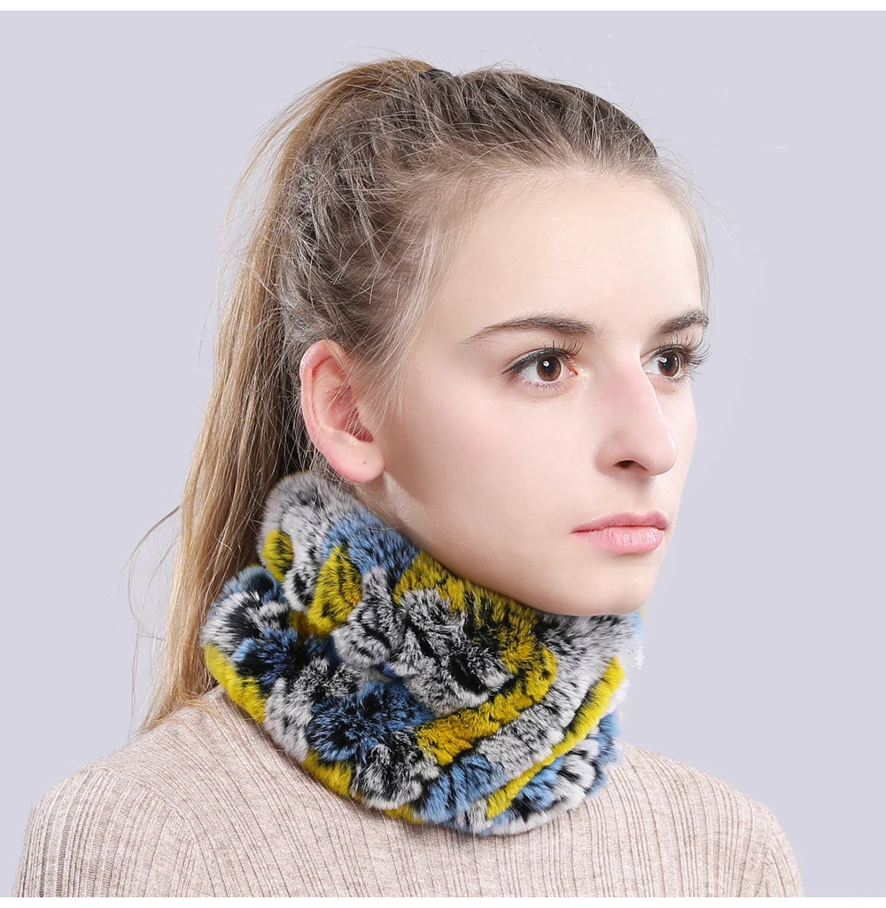 Women Real Fur Handmade Stretch Fur Scarf Knit Genuine Rex Rabbit Fur Headbands Girls Natural Fur Ring Cowl Snood Scarves Winter