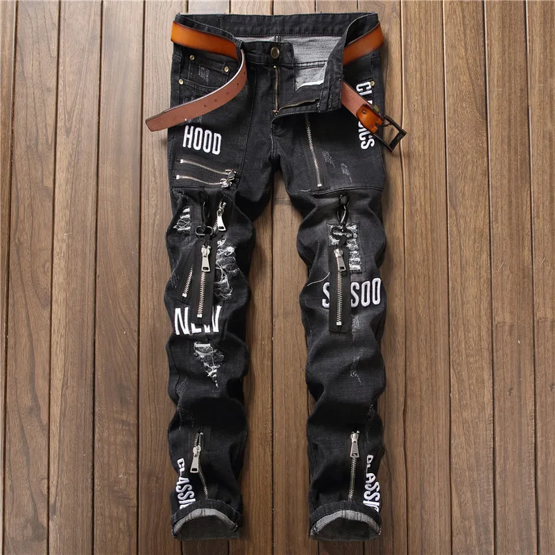 New trendy mens moto jeans ripped pantalones hip hop streetwear biker moto patchwork badges side zipper stretch pencil pants men