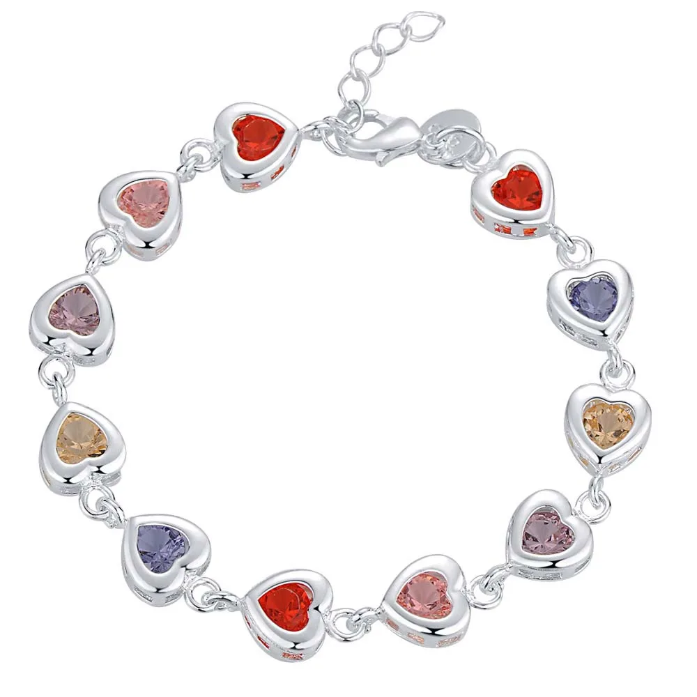 

Hot Valentine's Gift Shiny Multicolored CZ Zircon Crystal Heart Shaped 925 Sterling Silver Woman Girl Bracelet Jewelry