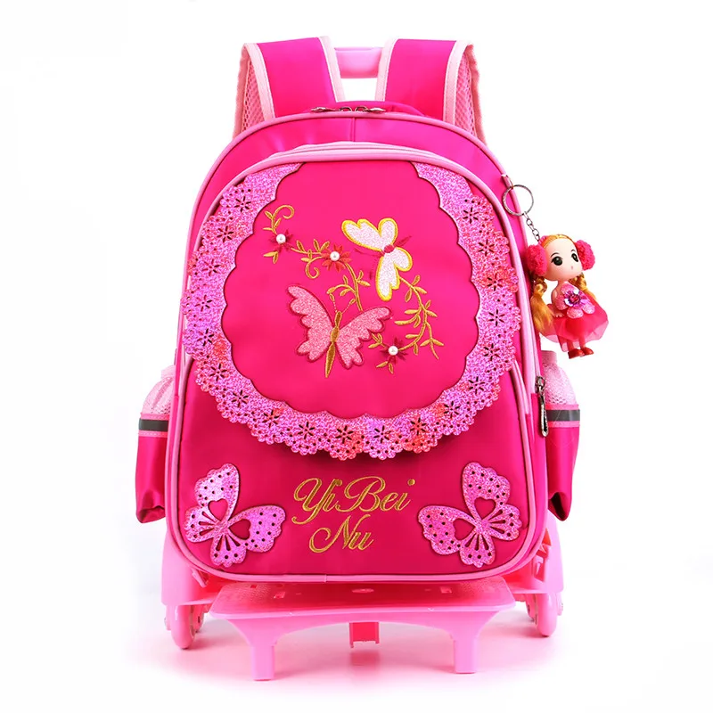 three wheel rose red Школьный рюкзак для девочек с 3 колеса бабочки Детские школьные рюкзаки для девочек Водонепроницаемый детская школьная сумка на колесиках рюкзак 2 шт./компл - Цвет: three wheel rose red