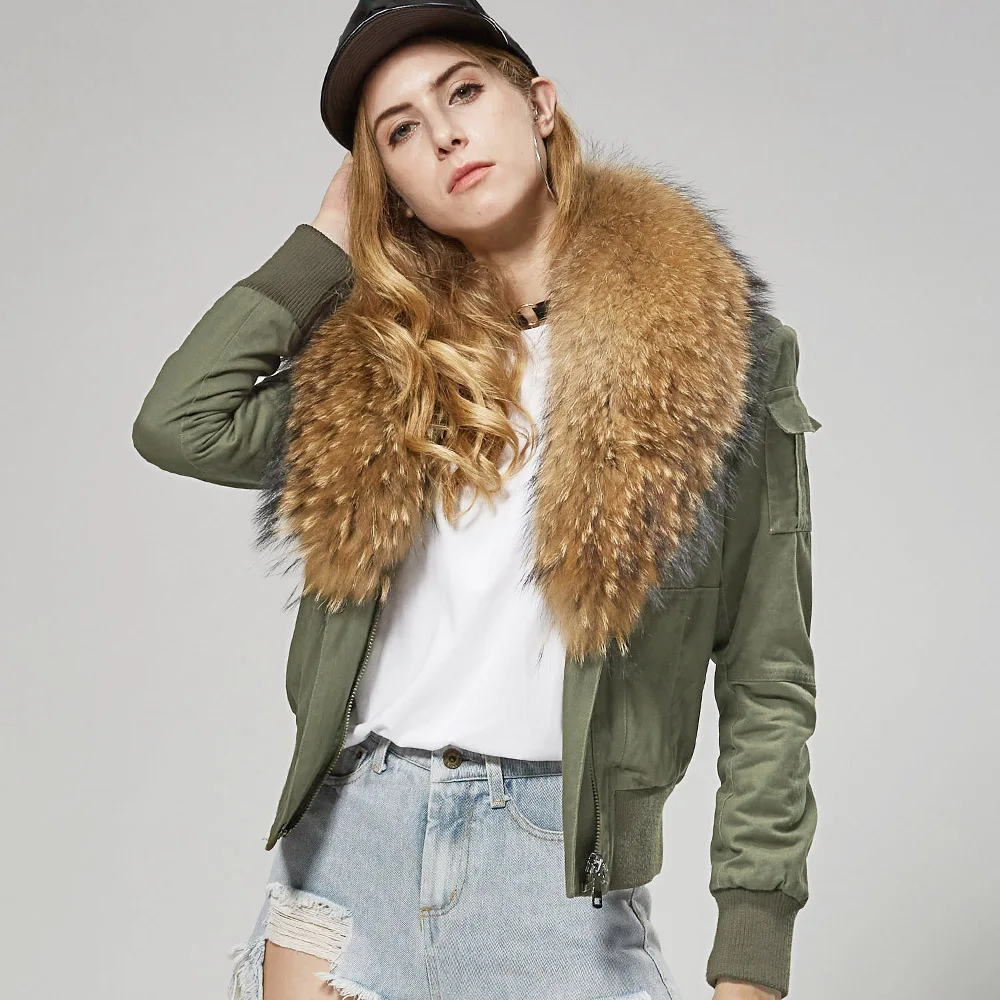 Maomaokong Women's jacket 2022 new natural raccoon fur collar Jacket flight suit, short coat Slim coat overcoming women