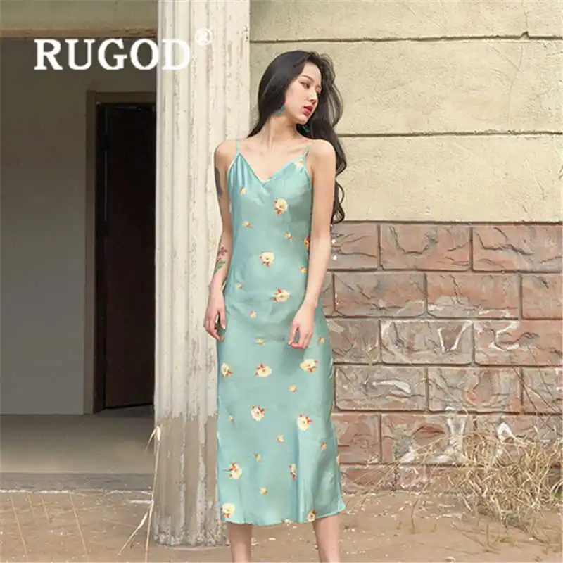 RUGOD 2020 Новое поступление атласное платье с цветочным принтом женское приталенное