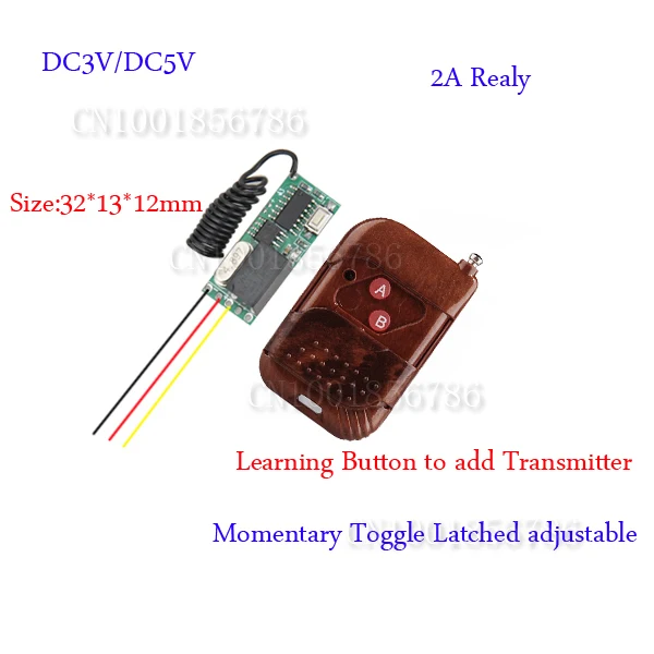

DC3V 3.6V 3.7V 4V 4.5V 5V Remote Control Switches Mini Micro Receiver Relay Remote Controller Transmitter Lock Unlock 2A 315/433