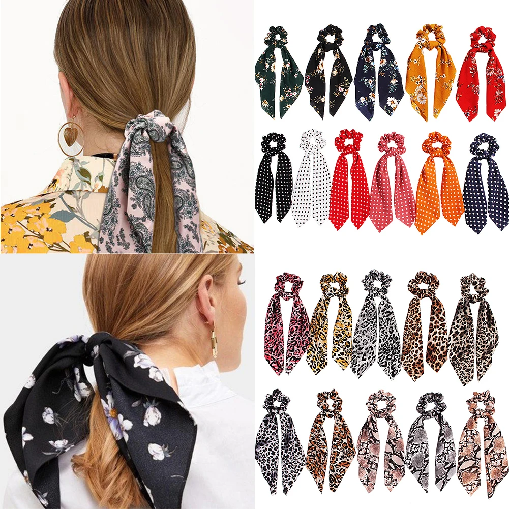 

women Flower Print Ribbon Hairbands summer Ponytail Scarf Elastic Hair Rope for Women Hair Bow Ties Scrunchies Hair Bands