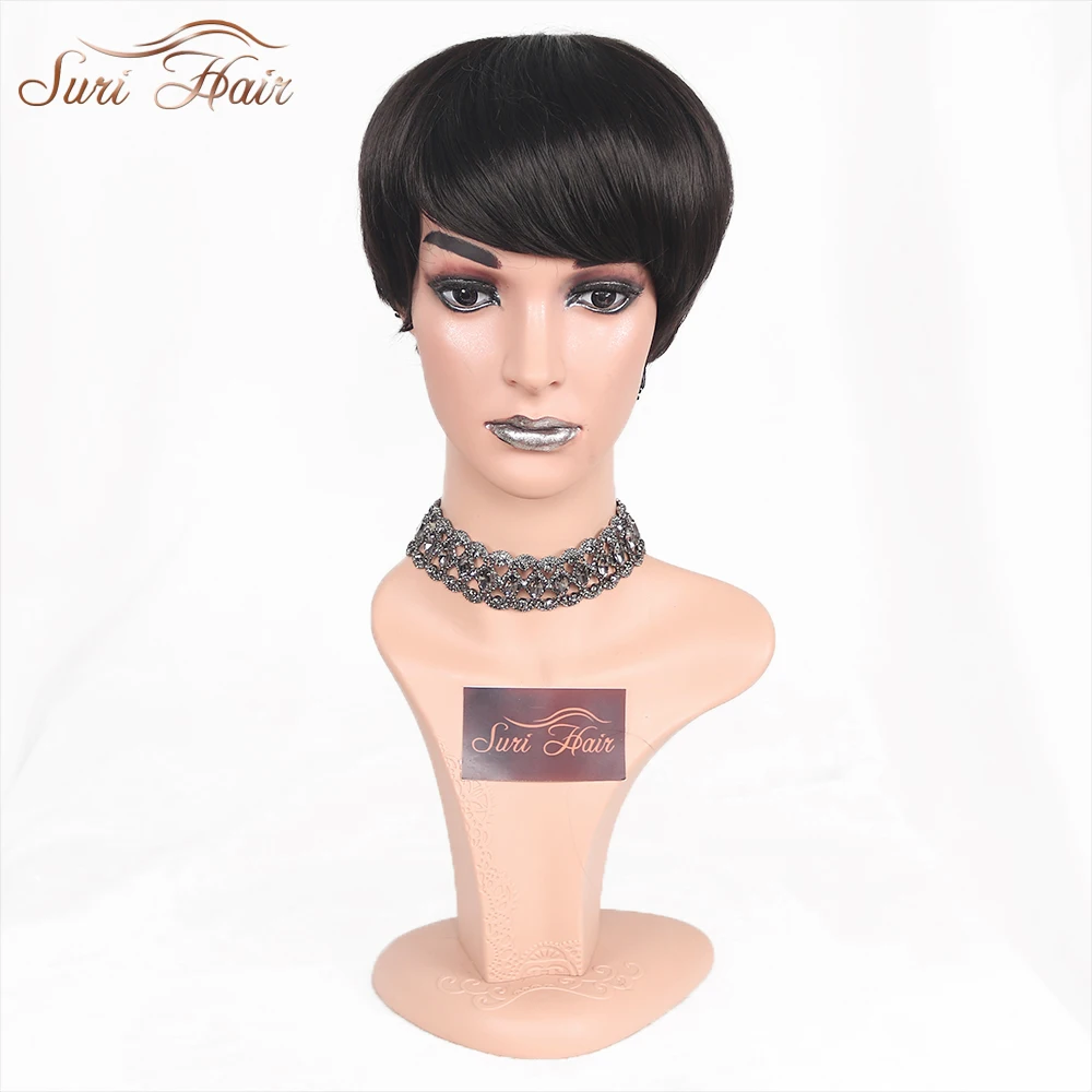 

Suri Hair Natural Black Short Straight Women Wig With Bangs Pixie Cut Heat Resistant Synthetic Wig For African American 6 inch