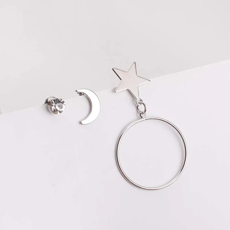 Asymmetric Star Moon Round Earring stud for women geometric sliver earring jewelry party birthday gift 2017 hot new | Украшения и