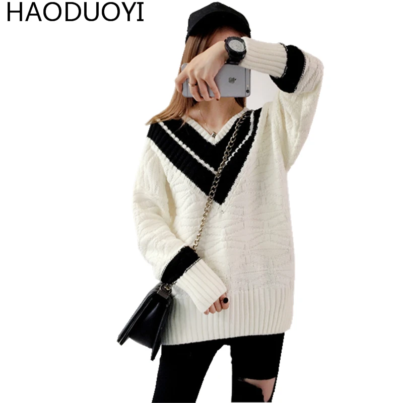 Для женщин V Средства ухода за кожей Шеи Полосатый отделка свитер Новинка 2017 года