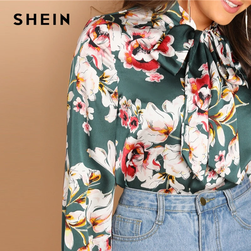SHEIN Нарядная Атласная Блузка С Цветочным Принтом Блузка С Длинным Рукавом И Бантом