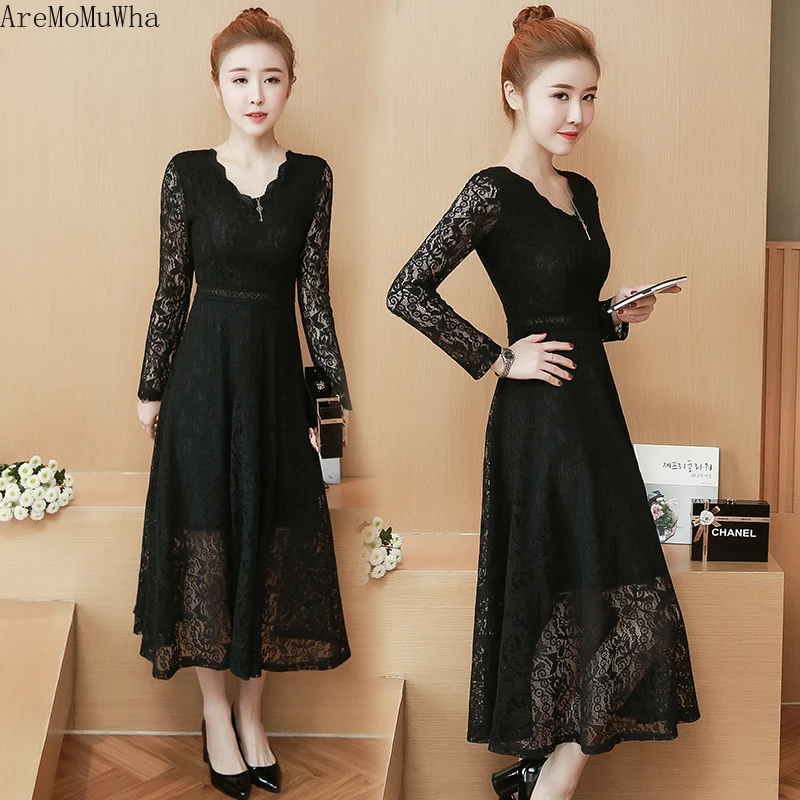 AreMoMuWha V collar lace long-sleeved dress 2019 Spring Autumn New style bottom medium length built knee dressmh329 | Женская одежда