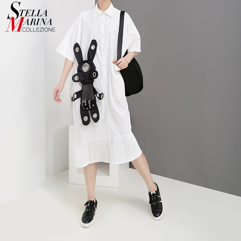 Новинка 2019 корейский стиль женское летнее белое платье-рубашка размера плюс с