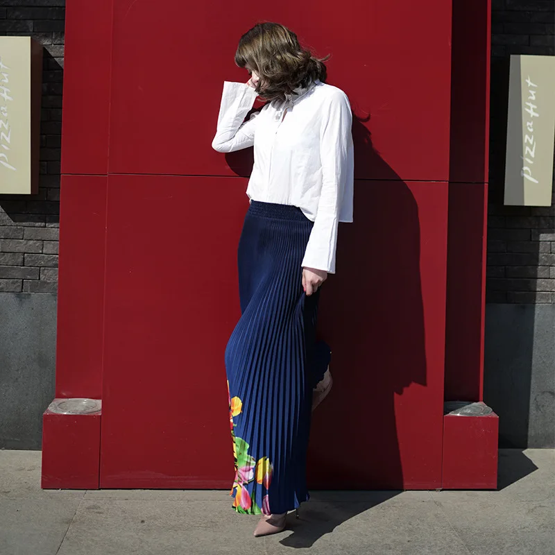 Женская плиссированная юбка в стиле ретро Длинная тонкая макси с цветочным