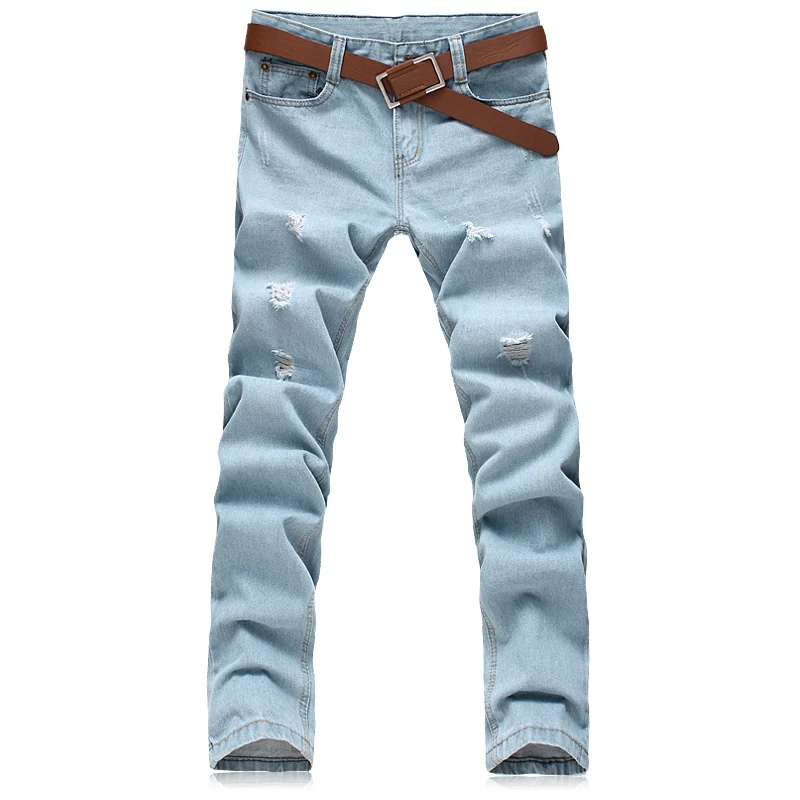 

2018 men Light blue jeans male thin straight denim long trousers loose pants size 28-42 with Holes