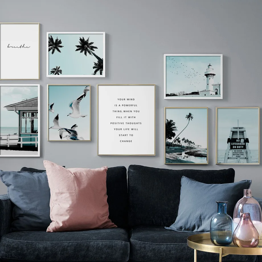 Пляжная Чайка кокосовое дерево знак пейзаж настенная живопись холст