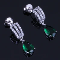 stylish water drop green cubic zirconia white cz silver plated drop dangle earrings v0374