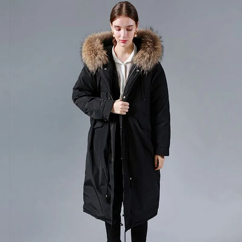 Женская длинная куртка на утином пуху с натуральным мехом енота теплая большого