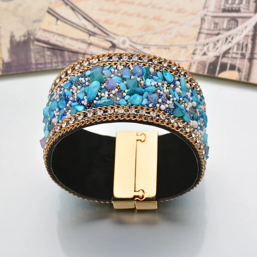 UAM 2 Colors Copper Magnet Blue Wide Leather Bracelets For Man Women Unisex Trendy Jewelry Faux Stone Brazaletes Pulseras Mujer | Украшения