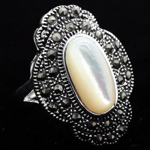 

24*16mm Vintage Natural White Shell 925Silver Marcasite Ring Size 7/8/9/10