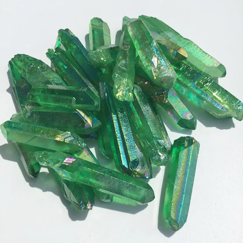 

100g Natural unpolished Green aura quartz crystal point titanium coating crystal for home decoration
