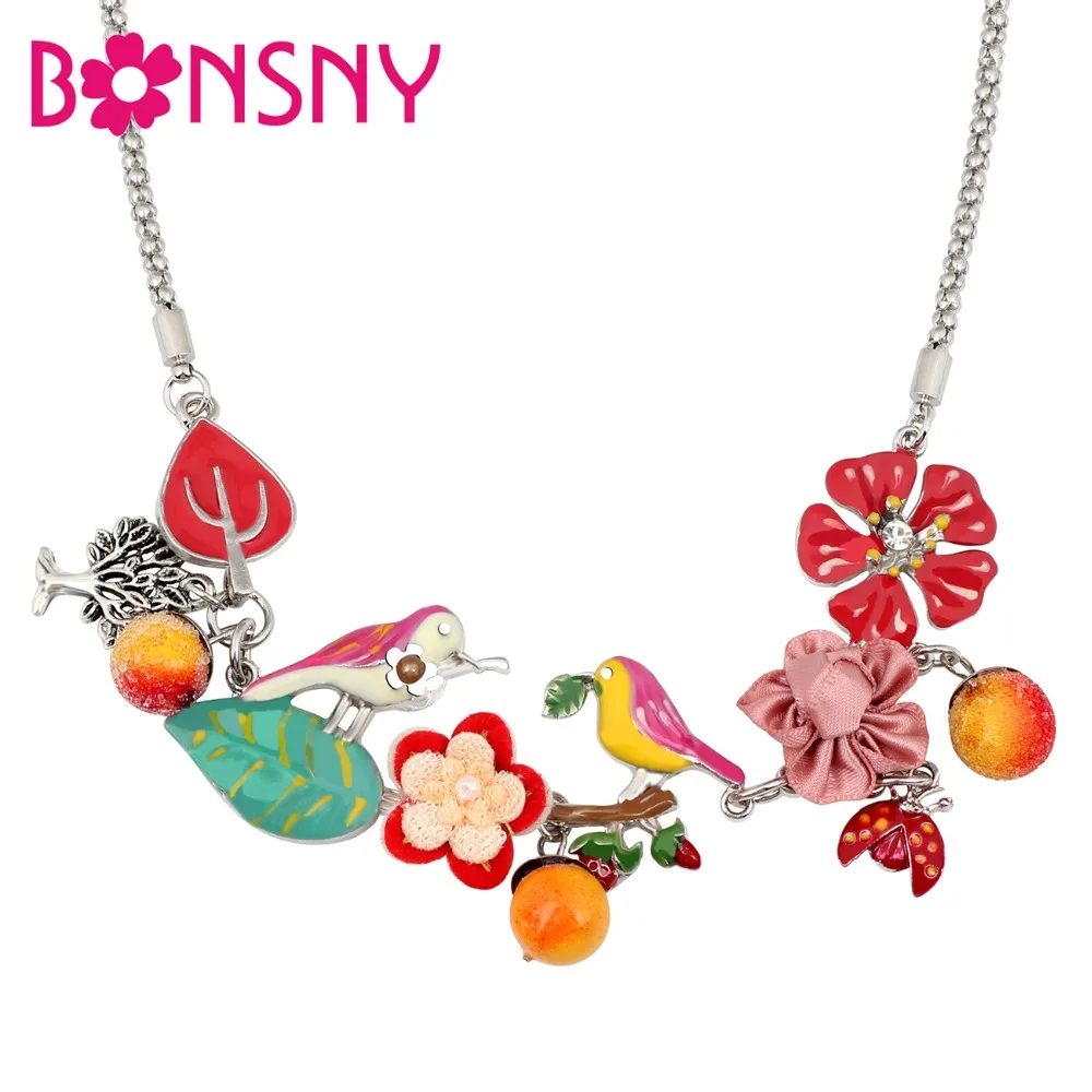 Bonsny, колье из эмалированного сплава с цветами, птицами, жуками, фруктовым деревом, ожерелье с подвеской, милые Мультяшные ювелирные изделия для женщин, девушек, подростков