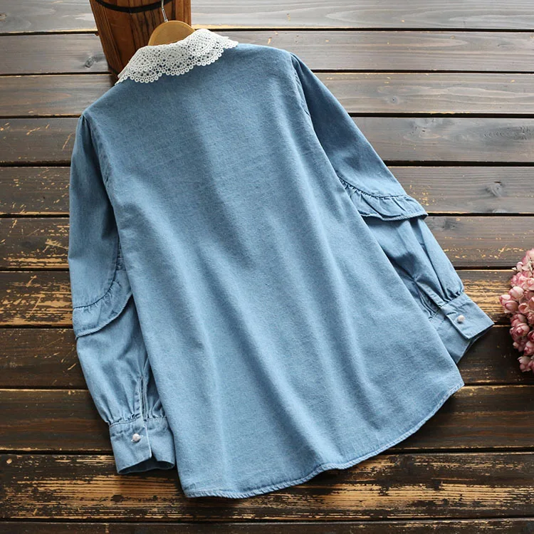 5616 Весенняя женская блузка литературный кружевной гофрированный воротник с