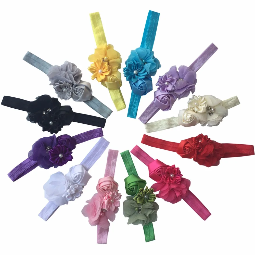 12 шт./лот Младенцы шифон ткань бисером цветок эластичные ленты для волос Детские