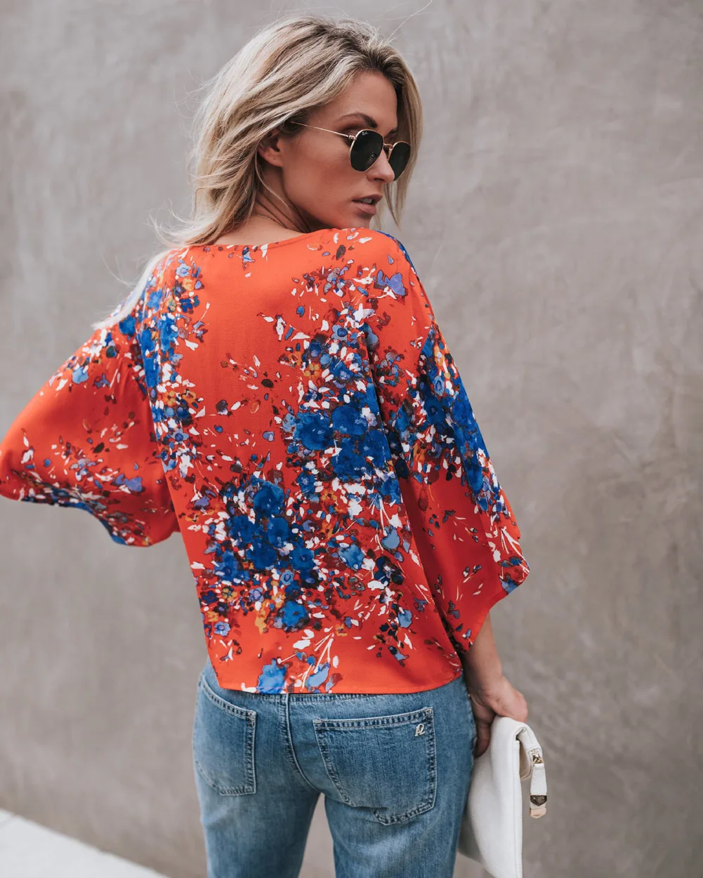 Fashion Womens Flower Casual Loose Long Flare Sleeve Shirt V-Neck Blouse | Женская одежда