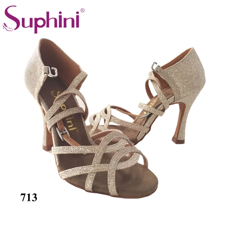 Женские туфли для латинских танцев Suphini блестящие золотые бесплатная