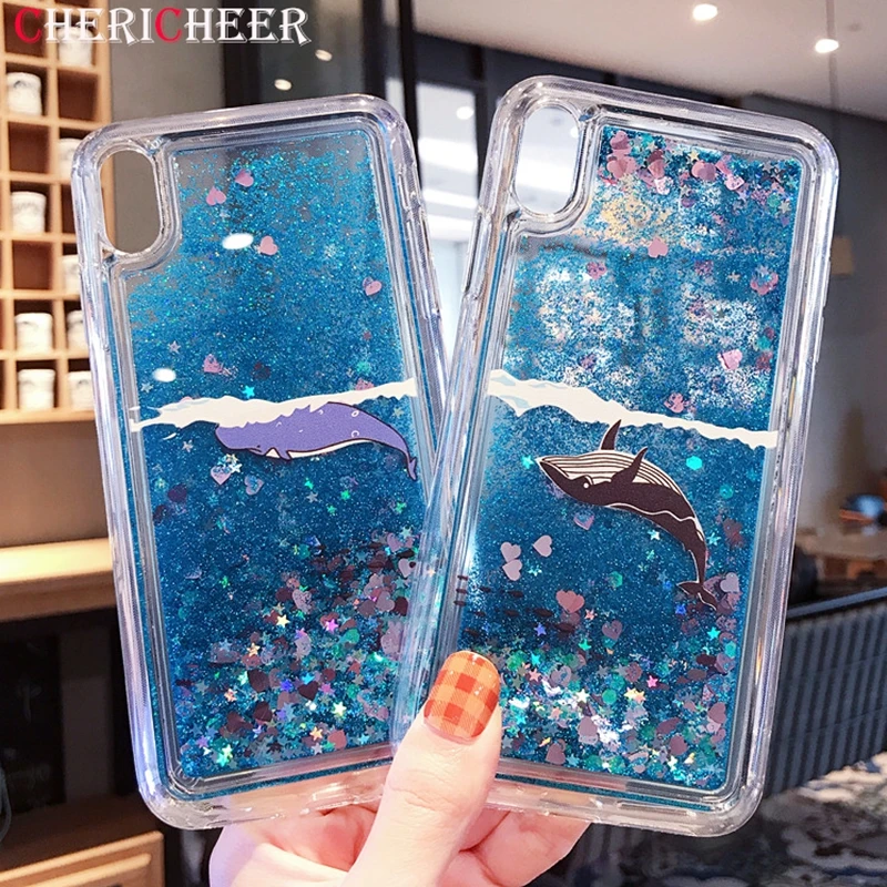 Дельфин Жидкий чехол для Huawei Honor 5X 6X 7X 8X Max 8C Блестящий зыбучий песок динамический -