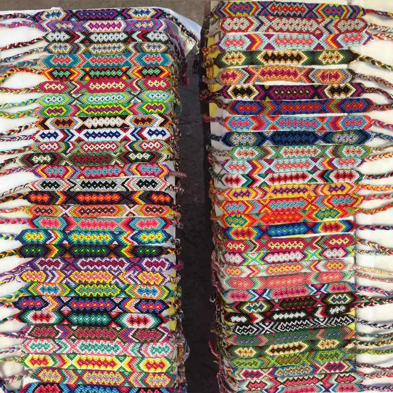 50Pcs/Lots Multicolor Vintage Bohemian Braided Cotton Rope Cuff Wristbands Ethnic Anklet Bracelets For Men Women