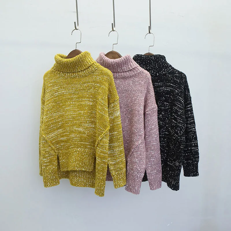 

2019 Women mixed color turtleneck loose sweaters side split long sleeve knitted pullover female autumn winter casual warm tops
