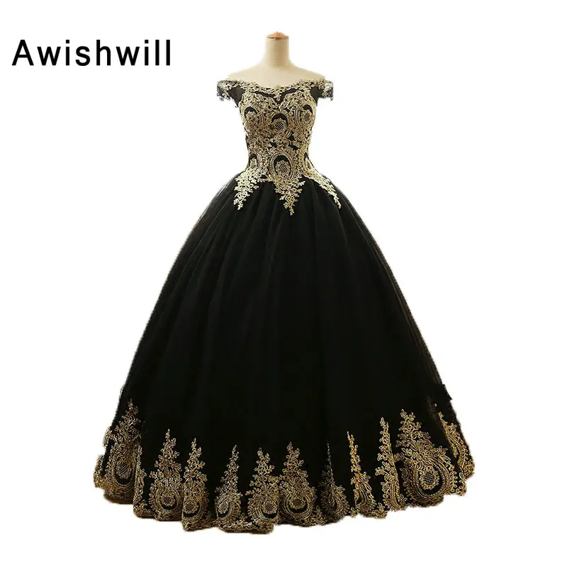 Новое поступление черные Бальные платья с золотым кружевом Vestidos de 15 Anos дебютантные платья с открытыми плечами вечерние платья - Цвет: Черный