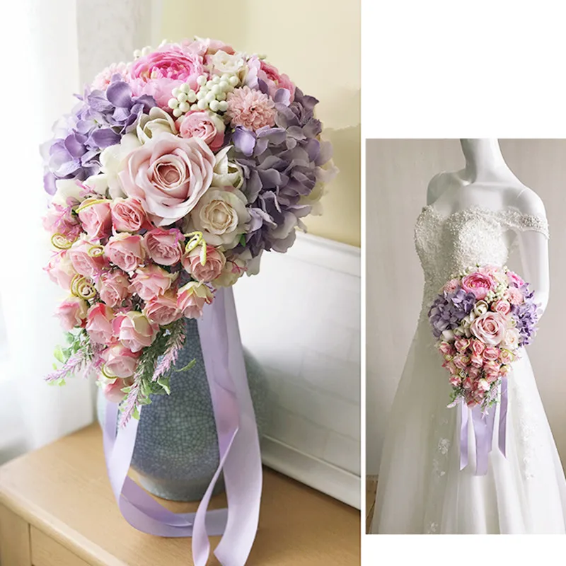 Pink Purple JaneVini романтический розовый водопад Свадебный букет цветов в стиле кантри искусственный шелк фиолетовый букет роз De Mariee - Цвет: Pink Purple