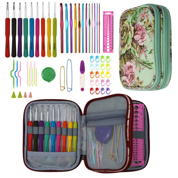 Вязальные крючки комплект вплетать в пряжу Вязание иглы Набор инструментов для шитья DIY ремесленных инструментов комплекты для вязания крючком с цветочным принтом, сумка для хранения для мамы - Цвет: Style 1