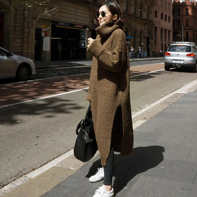 Thick knitted sweater dress women winter tops vintage Korean turtleneck pullovers high slit oversized long pull robe femme hiver | Женская