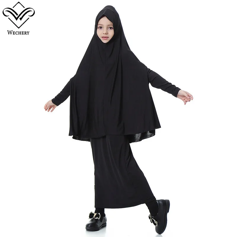 

Wechery Kids Abaya Long Sleeve Dubai Turkey Muslim Islamic Children Clothing With Head Covering Solid Black Red Blue Grey