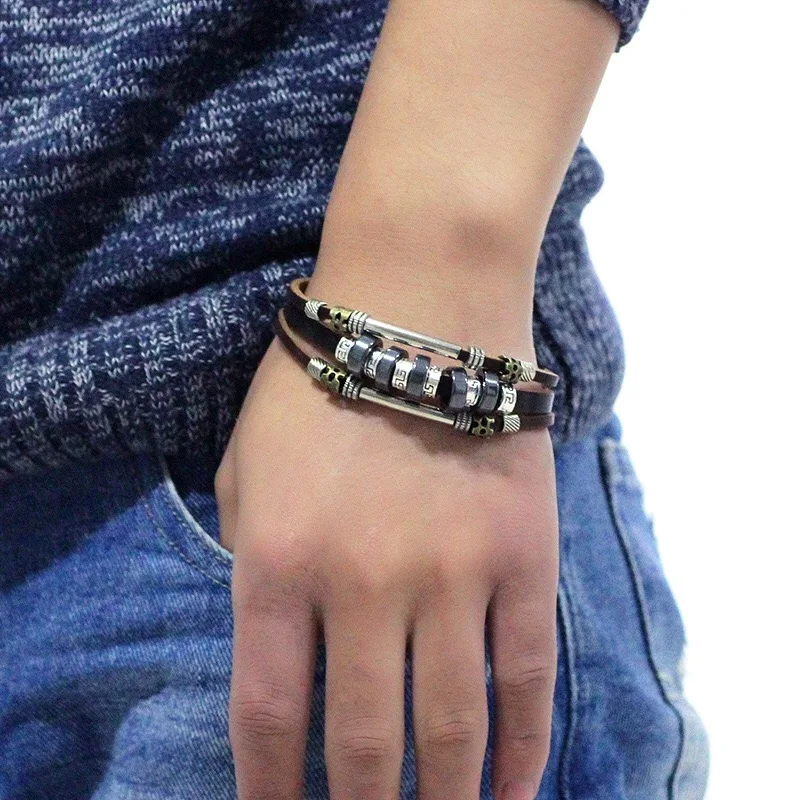 Браслет с цепочкой из бусин в стиле ретро мужской черный коричневый винтажный