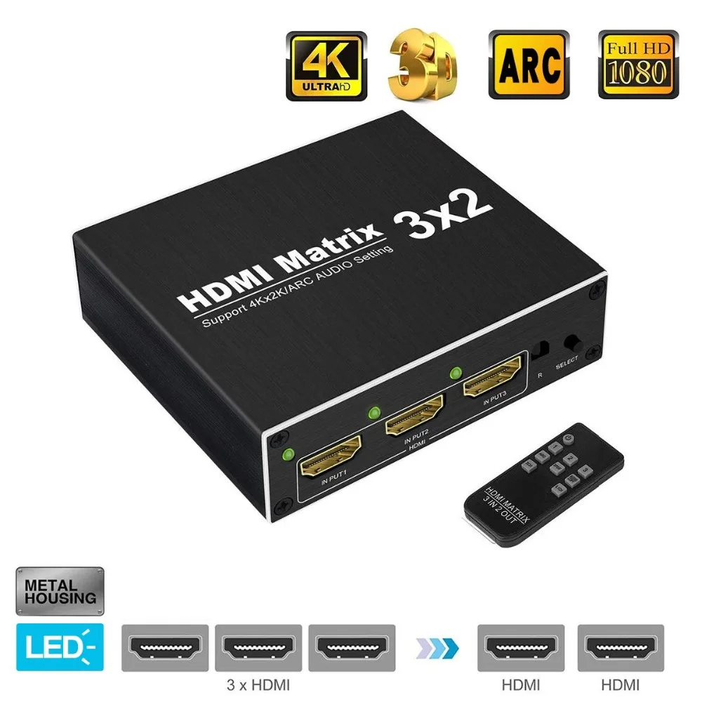 PUZHIJIE 4K 60Hz HDMI матричный коммутатор 3x2 аудио SPDIF R/L ARC 2160P ИК пульт сплиттер
