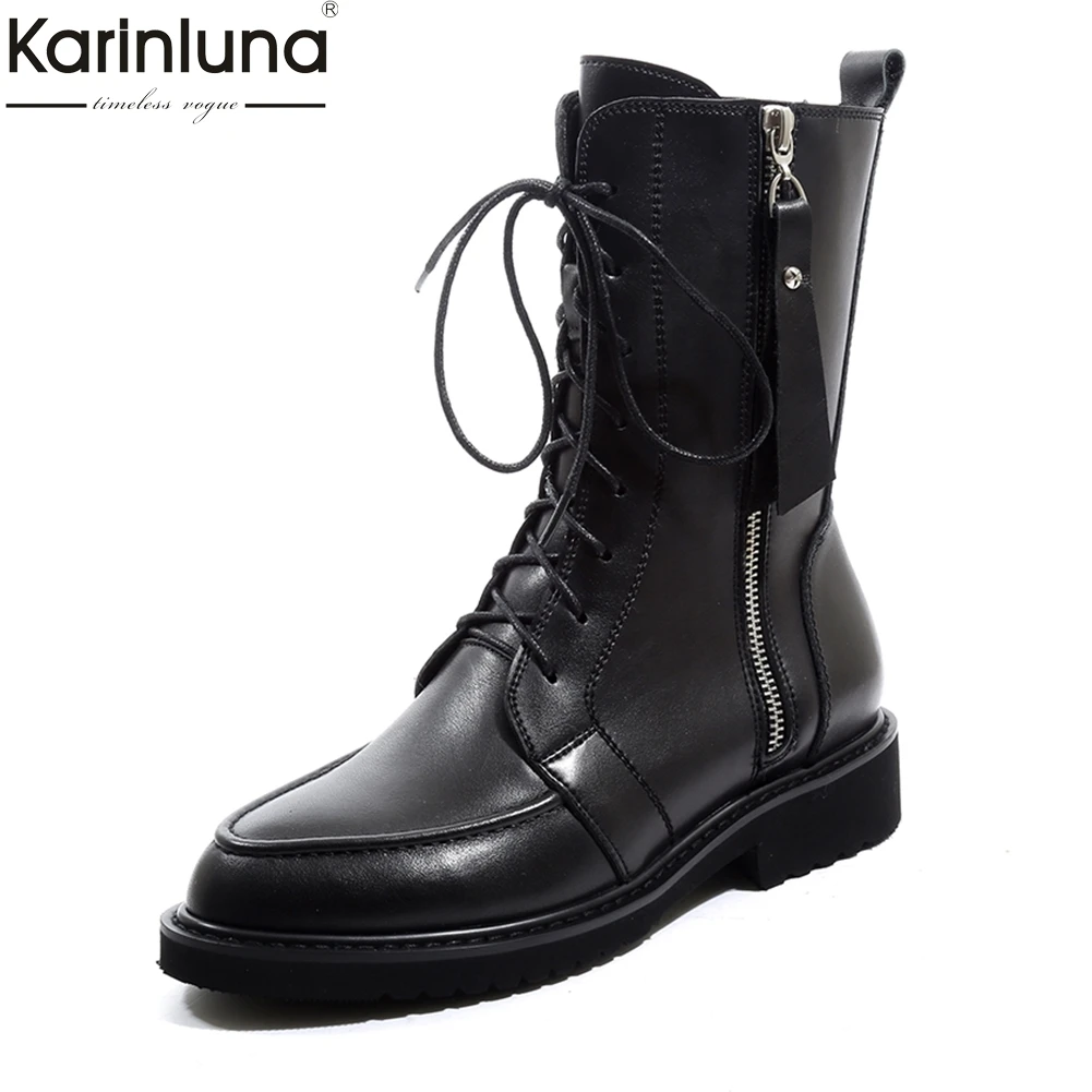 Karinluna/ г. натуральная кожа, большие размеры 34-42, сапоги из коровьей кожи, женская обувь, женские сапоги до середины икры, женская обувь