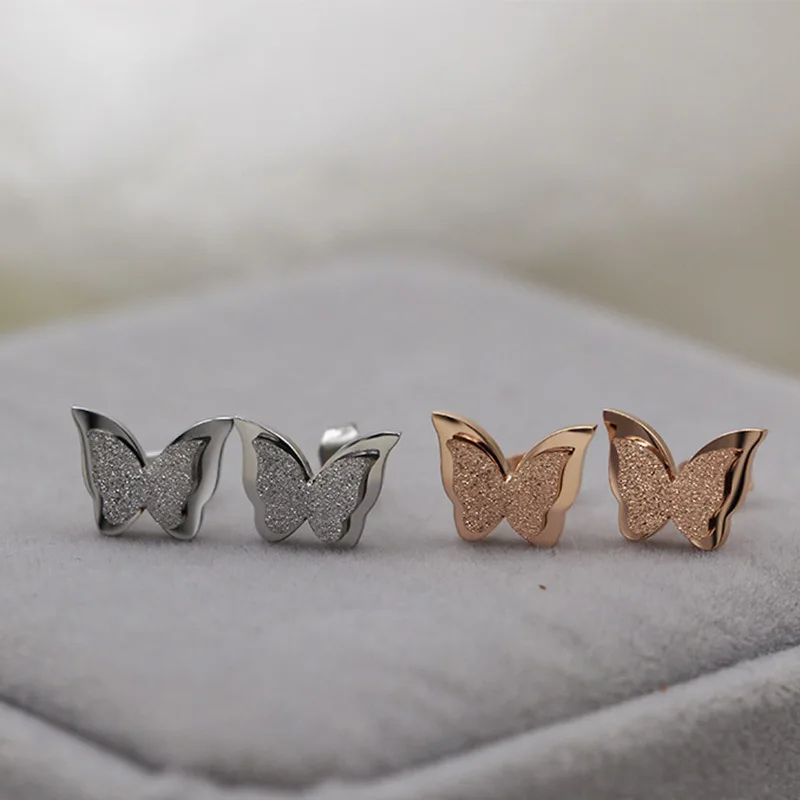 2018 Fashion Brand Love Cute Insect Dull Polish Butterfly Stud Earrings Stainless Steel Rose Gold Color Women Party Gift | Украшения и